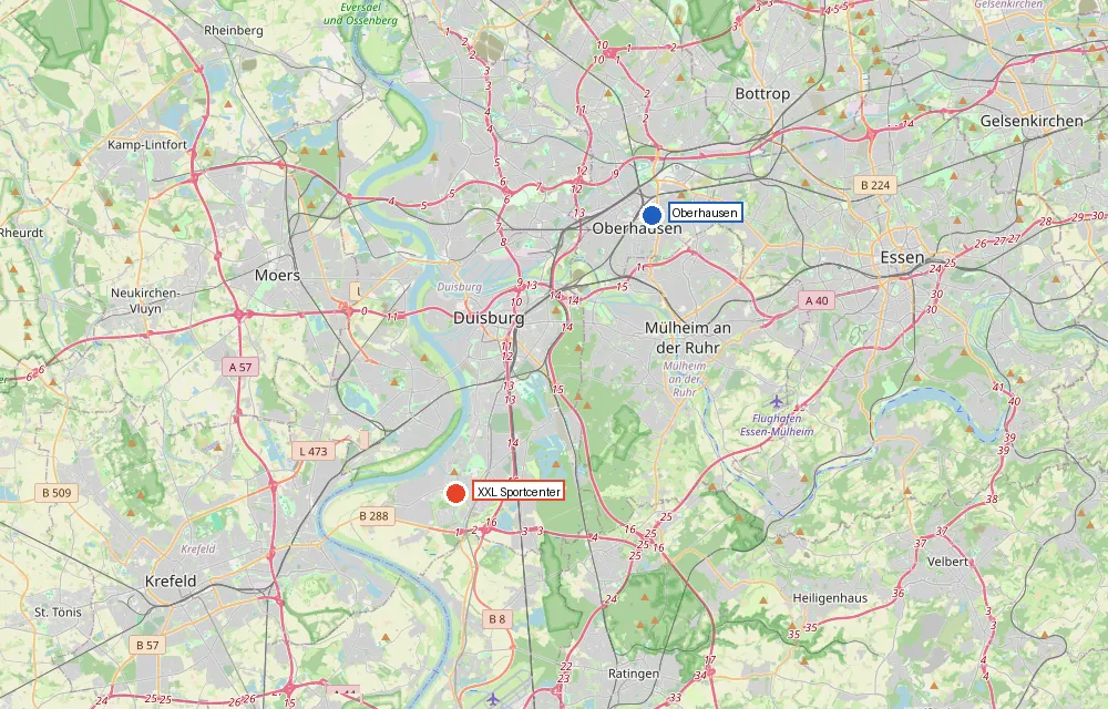 Karte mit Oberhausen im Norden und dem XXL Sportcenter im Süden von Duisburg